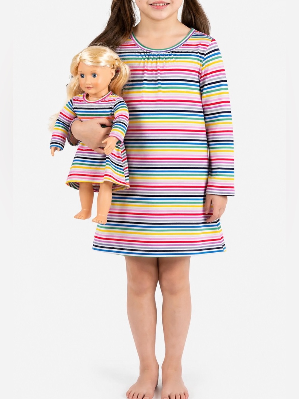 Primary Kid’s Nightgown White/Mini Rainbow Stripe Recycled Material Size 4-5